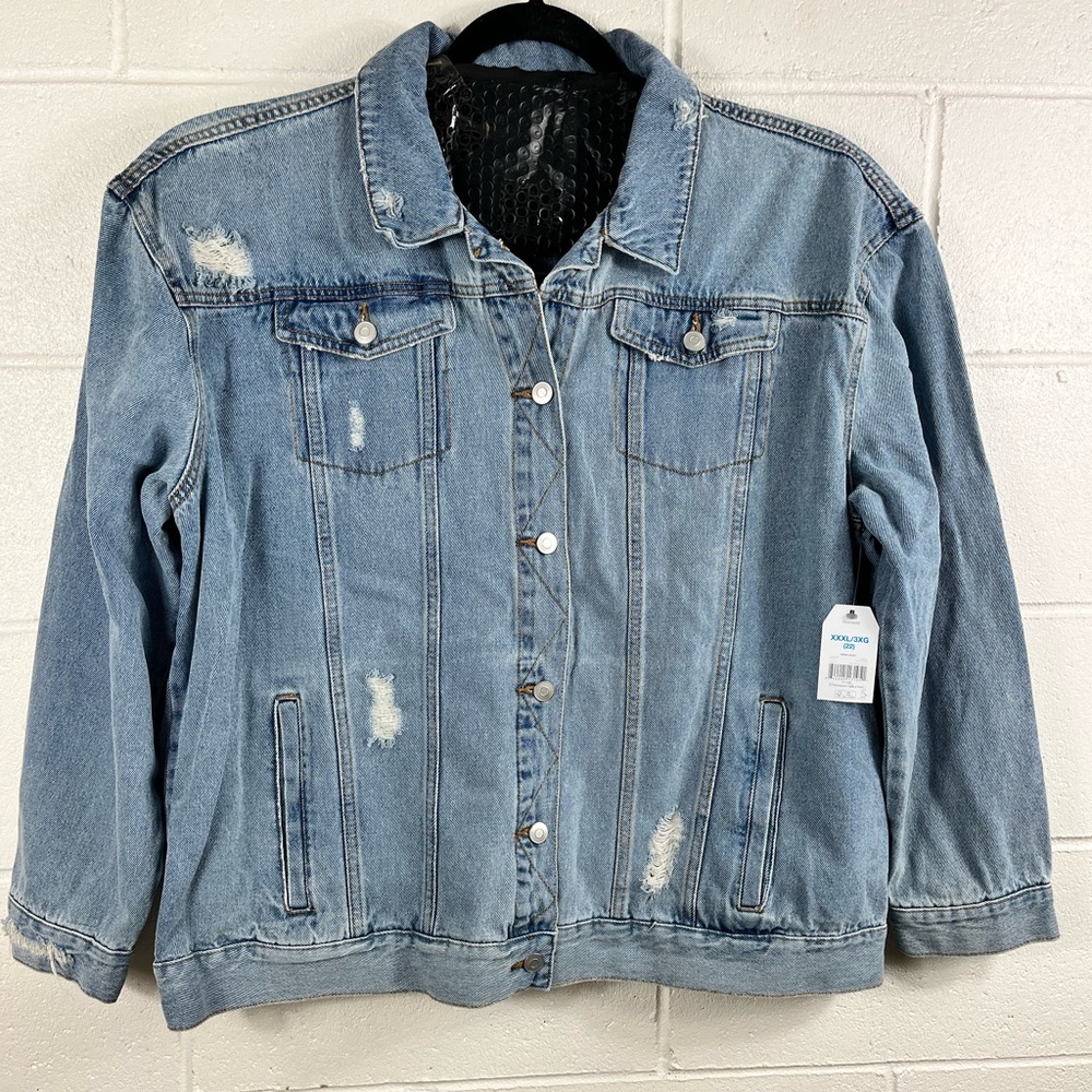 NWT Time and Tru Denim Distressed Womens Trucker Jean Jacket Plus 22 XXXL 3X